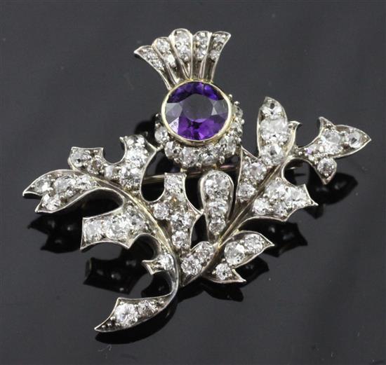 An Edwardian gold and silver, amethyst and diamond thistle brooch, width 1.5in.
